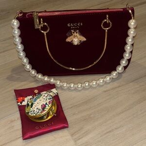 Gucci Burgundy Velvet GWP Cosmetic Bag/Purse with Pearl Handle with Mirror